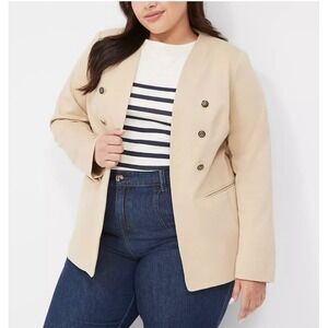 Lane Bryant The Bryant Blazer Beige Tan Collarless Crest Button Plus Size 24 NEW